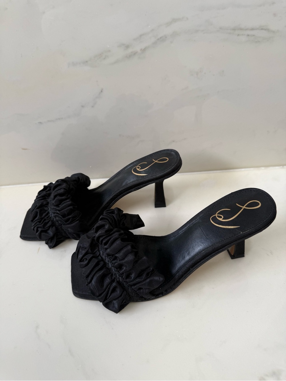 Sam Edelman Black Ruffle Open-Toe Mule Heels